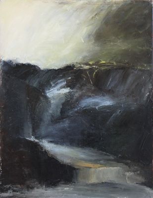 an oil painting of a waterfall in the middle of a mountain