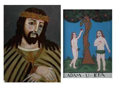 two paintings of jesus and a naked woman with a tree