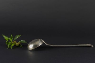 a spoon and a sprig of mint on a black background