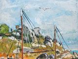 un tableau représentant deux bateaux sur la rive, au bord de l'eau