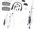 un balai vapeur blanc et bleu et un balai noir et blanc