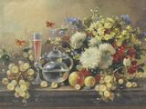 a painting of a vase of flowers and fruit on a table