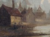 a picture of a painting of a village by the water