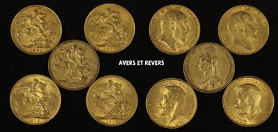 six different types of gold coins are shown on a black background