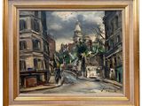 an oil painting of a street scene with buildings and a clock tower