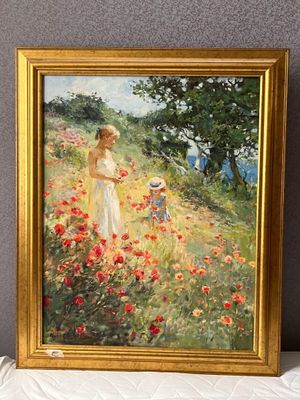 painting of a woman in a field of poppies with a dog