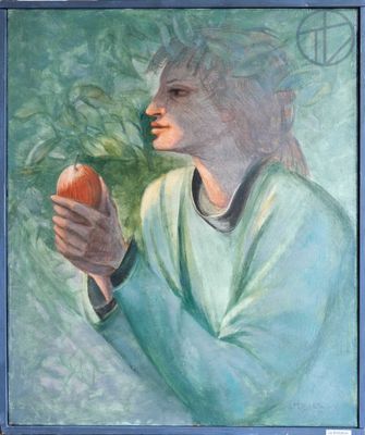 a painting of a woman holding an apple in her hand