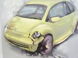 painting of a small yellow car with a broken front bumper