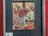 tableau représentant des fleurs rouges dans un vase bleu sur fond rouge