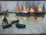 painting of a group of boats in the water with a man standing on one of them