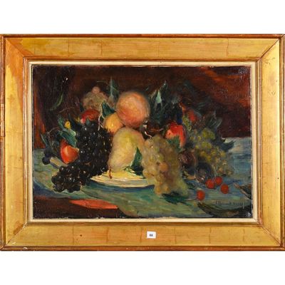 une peinture représentant des fruits dans une assiette posée sur une table