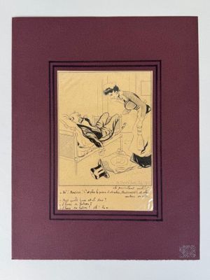 drawing of a woman sitting on a chair with a cat in her lap