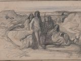 un vieux dessin représentant un groupe de personnes dans un paysage rocheux