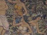 painting of a group of women with baskets of fruit in a jungle