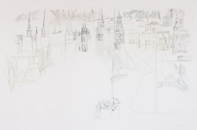 dessin représentant un paysage urbain avec des bâtiments et un bateau au premier plan