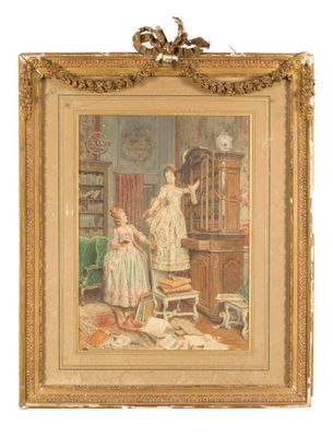 tableau représentant une femme et un enfant dans un salon, avec une cage à oiseaux