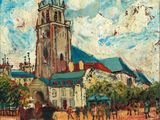 an image of a painting of a church with a clock tower in the background