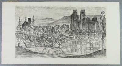 drawing of a castle in the middle of a field with trees