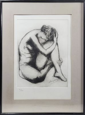 framed black and white drawing of a nude woman sitting on her knees