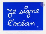 an image of a blue sign with white writing that says je signe ocean