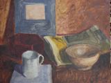 a painting of a bowl and a book on a table