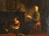 painting of a woman and a child sitting in front of a fireplace with a cat