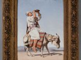 painting of a man and woman riding a horse on a beach
