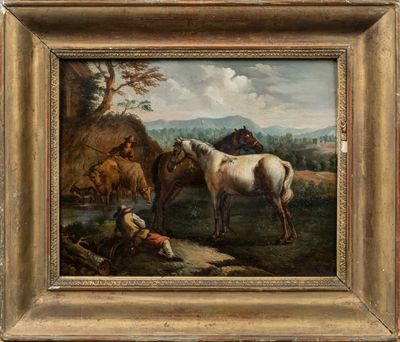 une peinture à l'huile représentant un cheval et un homme dans un paysage