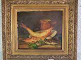 painting of a still life of a bird, fish, and other items on a table