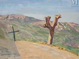 a painting of a cross and a tree on a hill