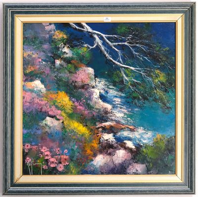 un tableau représentant un arbre et des fleurs sur une falaise