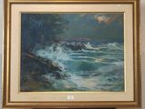 une image représentant un tableau où l'on voit des vagues se briser sur un rivage rocheux