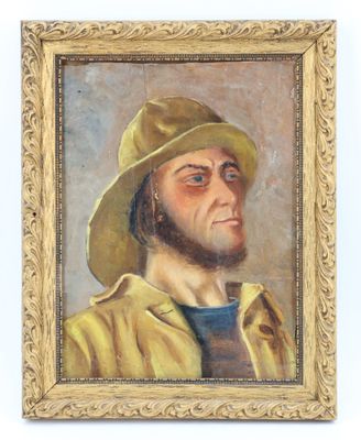 tableau représentant un homme portant un chapeau et une veste jaune