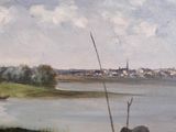 a painting of a sheep by the water with a city in the background