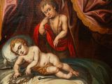 an image of a painting of a baby in a crib with an angel