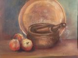 an oil painting of a bowl and two apples on a table