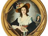 tableau représentant une femme coiffée d'un chapeau et vêtue d'une robe, tenant un verre de vin