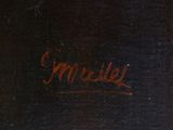 an oil painting of a black background with a red writing on the bottom of it