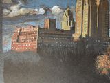 a painting of a cityscape with buildings in the background