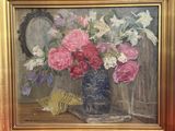 a painting of flowers in a vase on a table