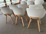 many white chairs sitting in a row in a large room
