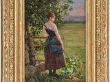 une peinture à l'huile représentant une femme dans un champ avec un chien