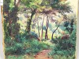 an oil painting of a path through a forest with trees