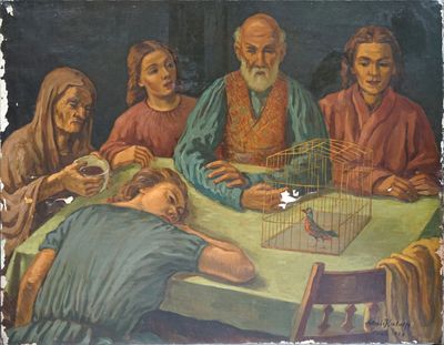 tableau représentant un groupe de personnes assises autour d'une table, avec un oiseau dans une cage