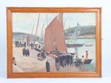 painting of a group of people standing on a beach next to a body of water