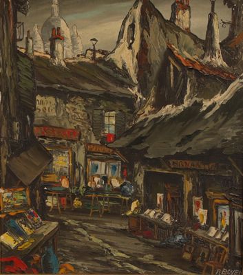 tableau représentant une scène de rue avec des bâtiments et des magasins en arrière-plan