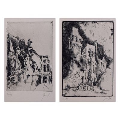 deux dessins en noir et blanc représentant un homme et une femme devant un immeuble