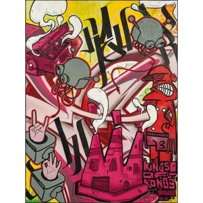 tableau représentant un homme sur un skateboard devant un mur couvert de graffitis