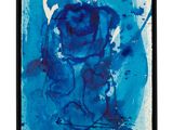 an abstract painting of a blue flower on a white background