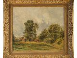 a painting of a landscape with trees and a house in the distance